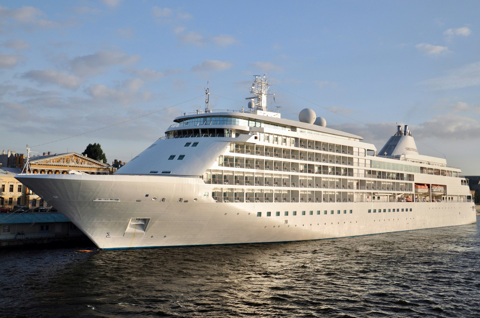 The tourist liner is on the river.