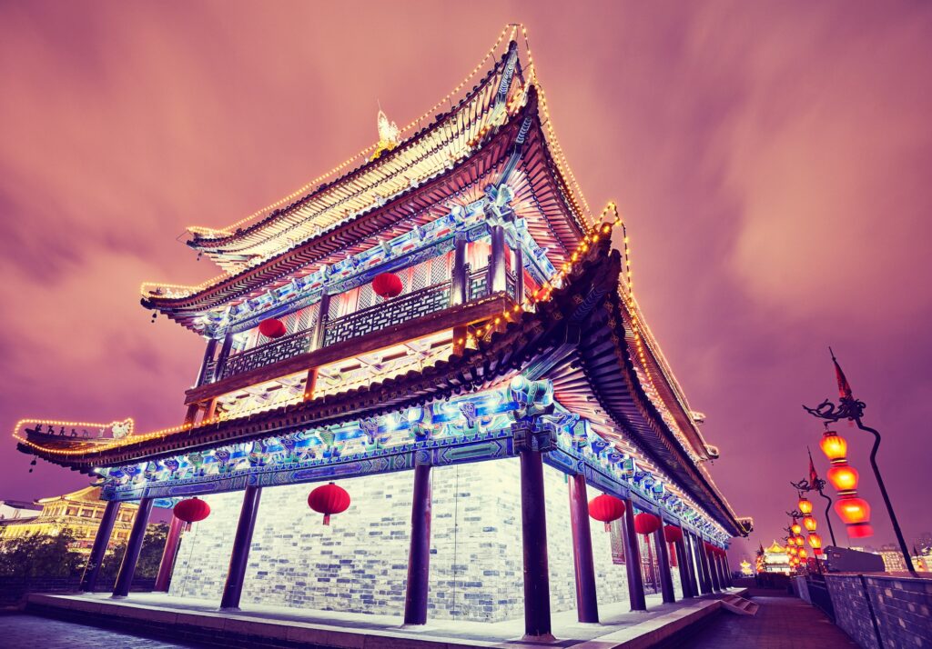 Xian city wall ancient building at night, China.